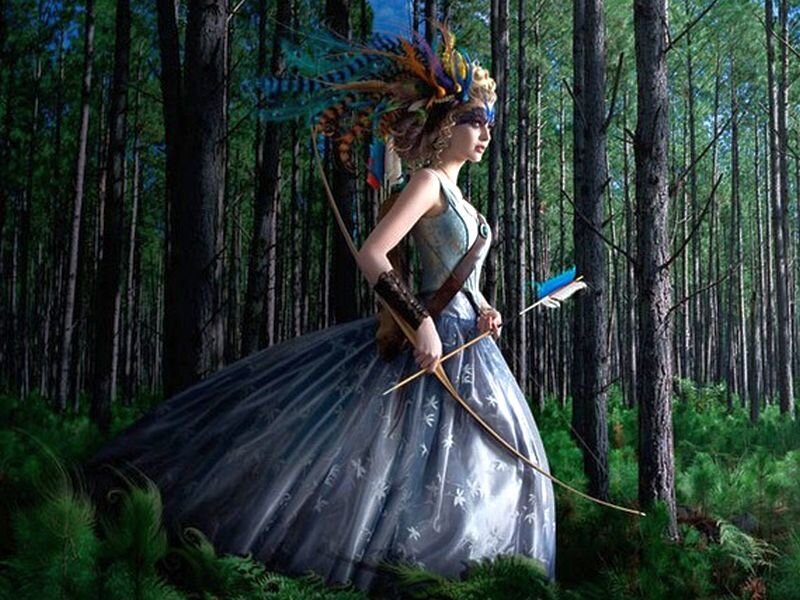 Woman in Forest with Bow — Blue, Dramatic