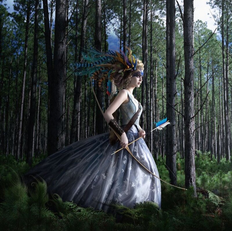 Woman in Forest with Bow — Green, Dramatic, Afternoon