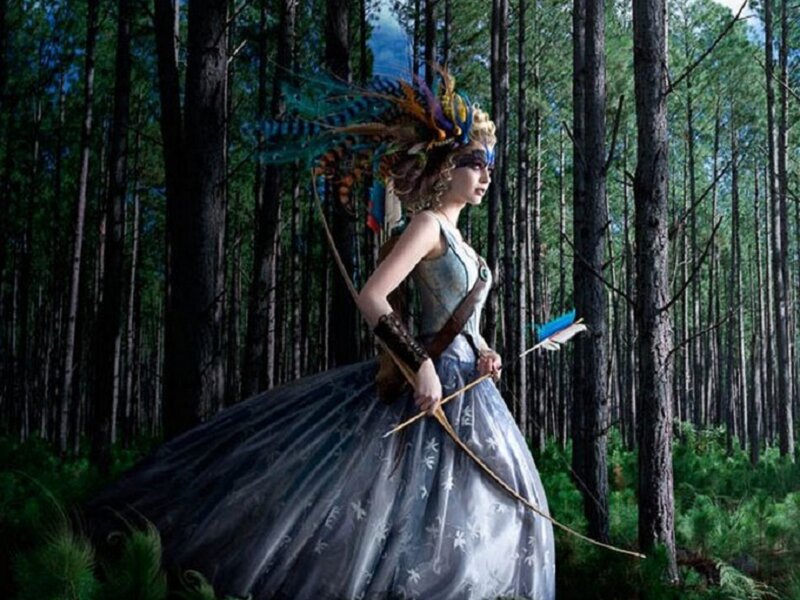 Woman in Forest with Bow — Green