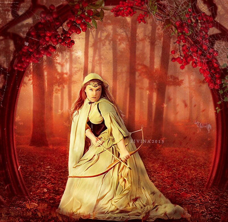 Woman in Forest with Bow — Red