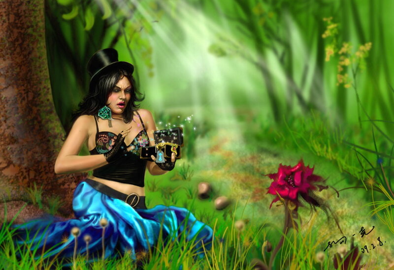 Woman in Forest with Box — Green