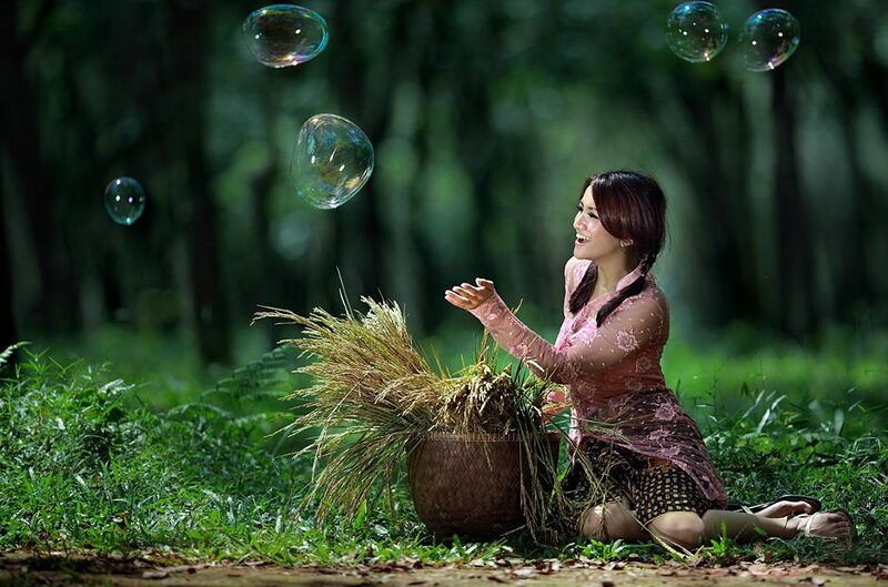 Woman in Forest with Bubbles — Green, Serene