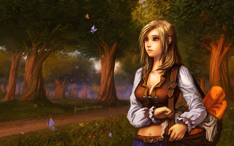 woman in forest with butterflies