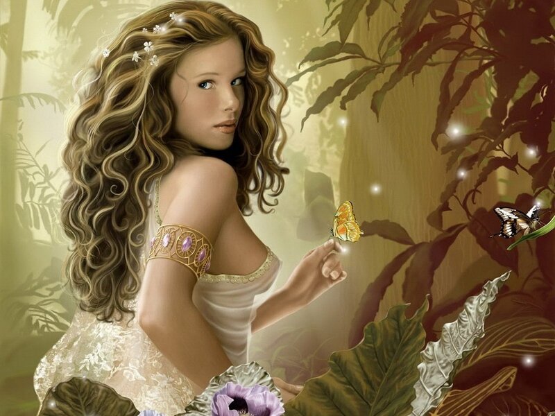 woman in forest with butterflies