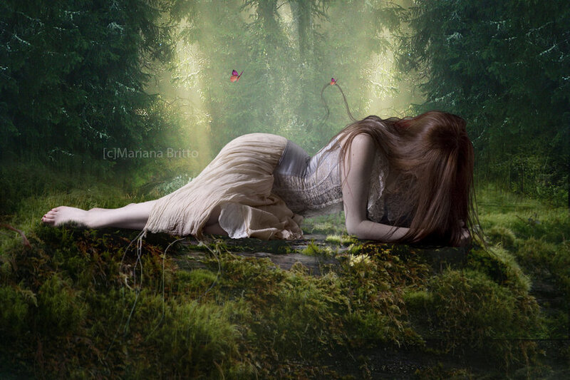 woman in forest with butterflies
