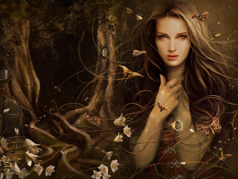 Woman in Forest with Butterflies — Brown