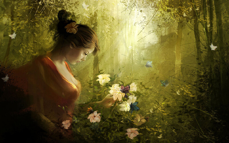 woman in forest with butterflies