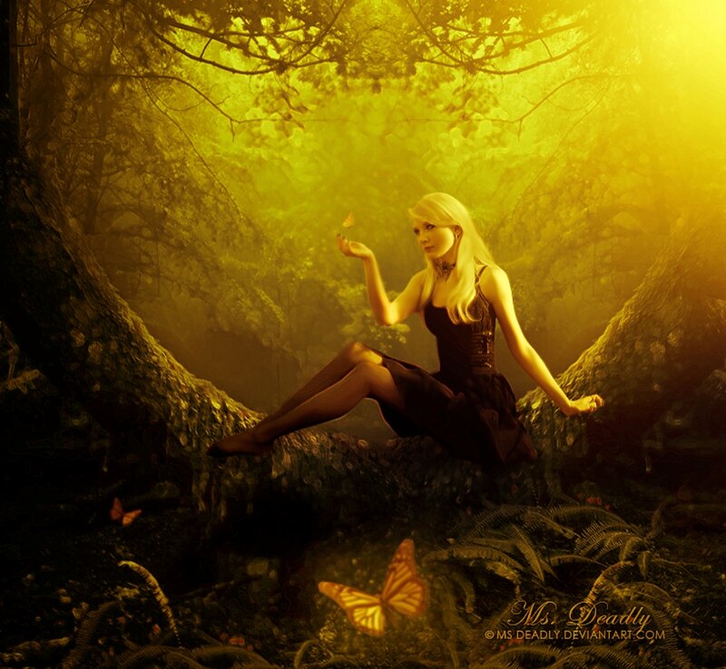 Woman in Forest with Butterflies — Yellow