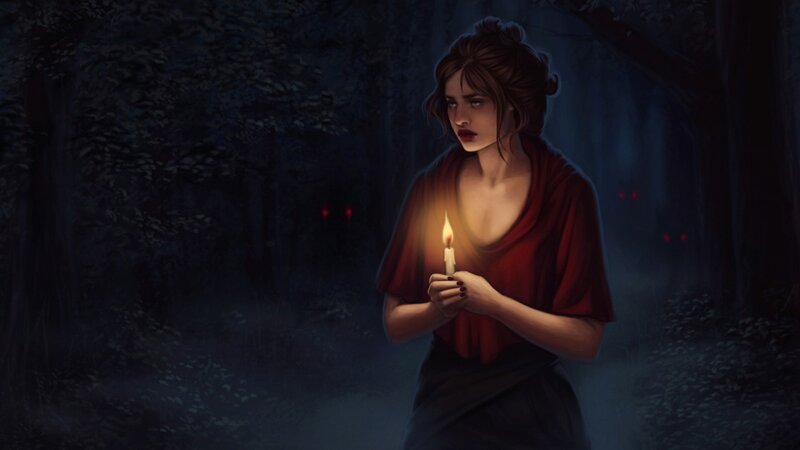 woman in forest with candle
