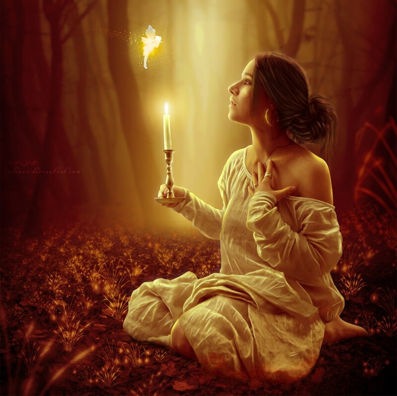 Woman in Forest with Candle — Gold