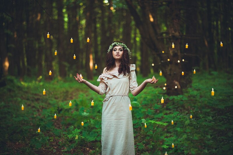 Woman in Forest with Candles — Green