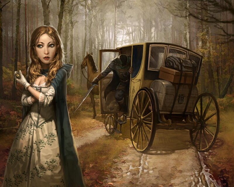 Woman in Forest with Carriage