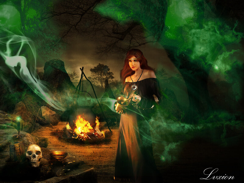 Woman in Forest with Cauldron