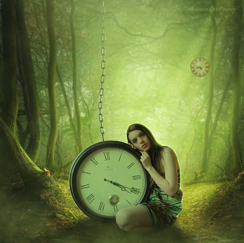 Woman in Forest with Clock