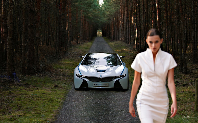 Woman in forest with concept car
