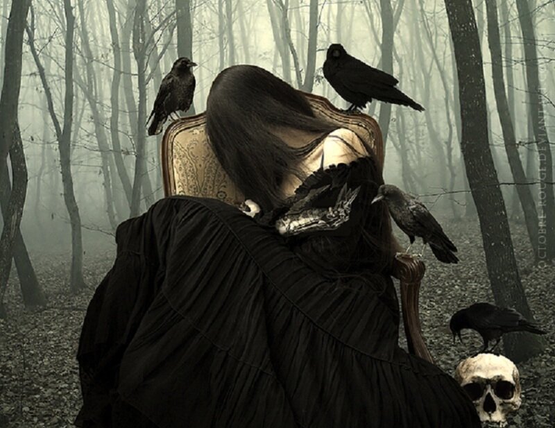 woman in forest with crows