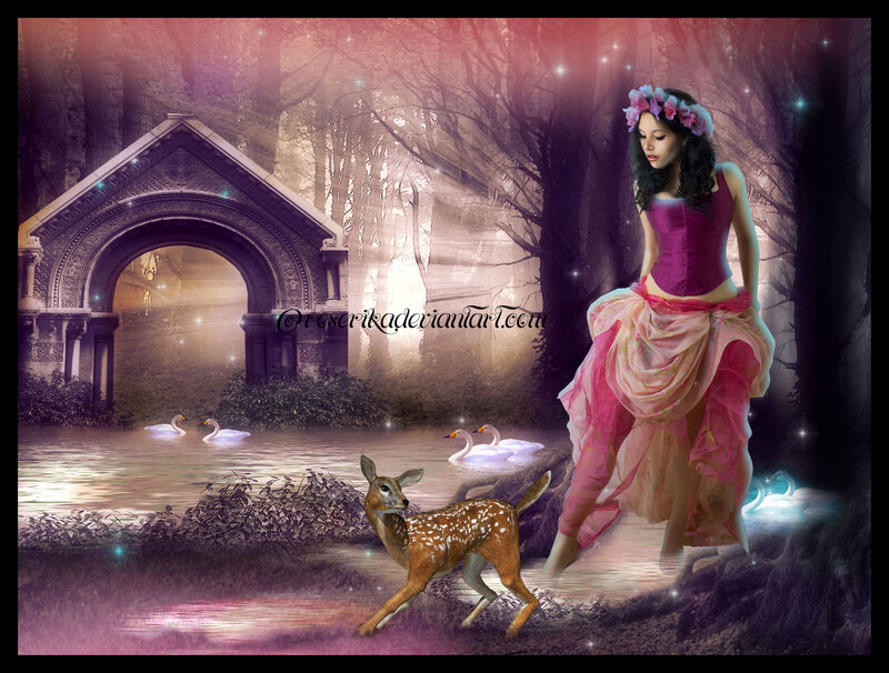 Woman in Forest with Deer — Pink