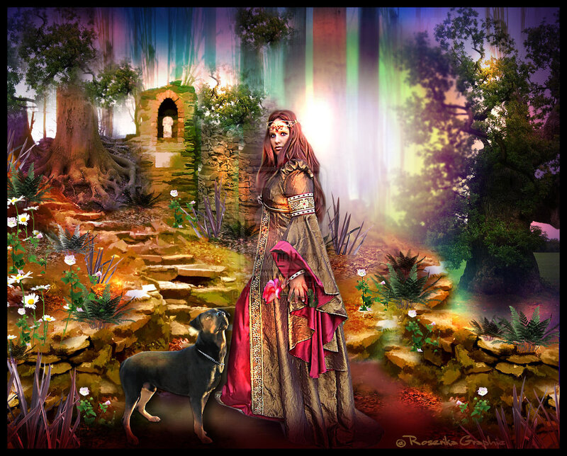 Woman in Forest with Dog — Green