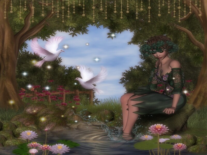 Woman in Forest with Doves — Green