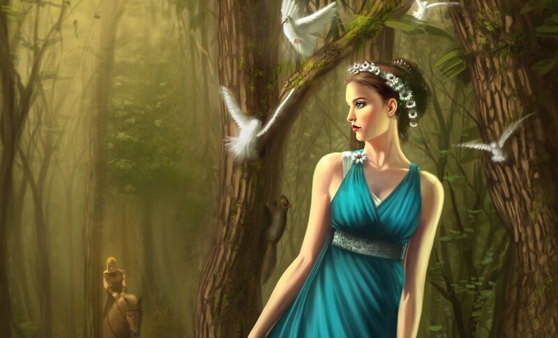 woman in forest with doves