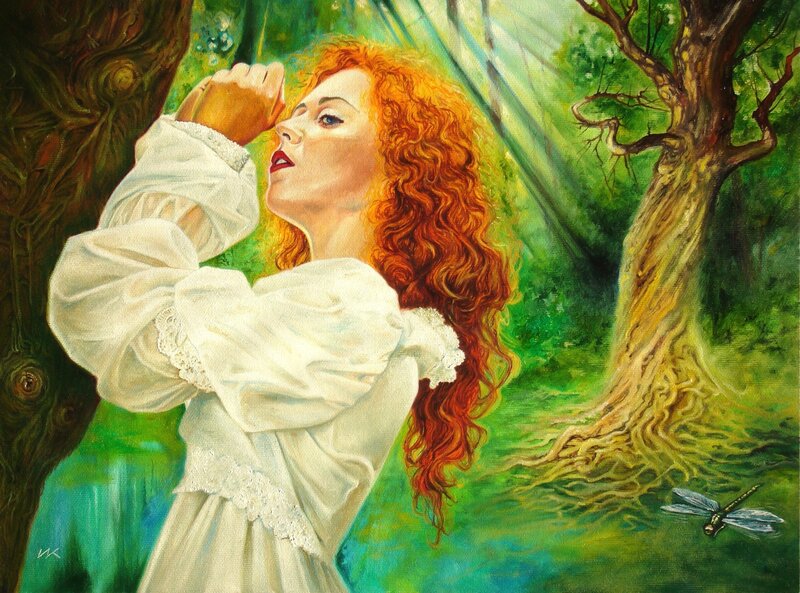 Woman in forest with dragonfly