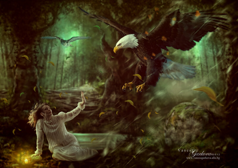Woman in Forest with Eagle — Green