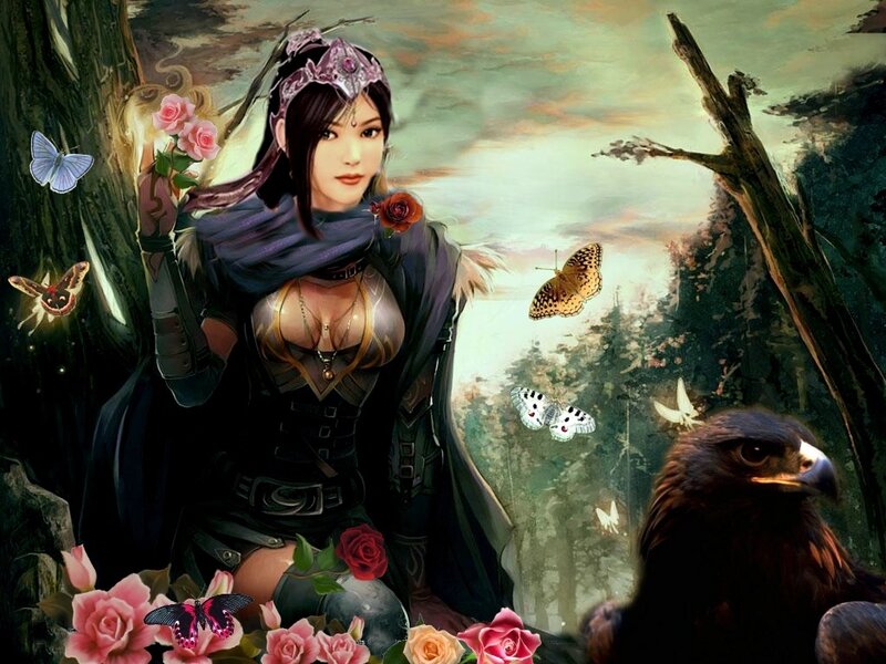 Woman in Forest with Eagle