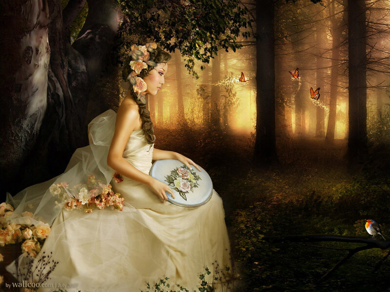 woman in forest with embroidery