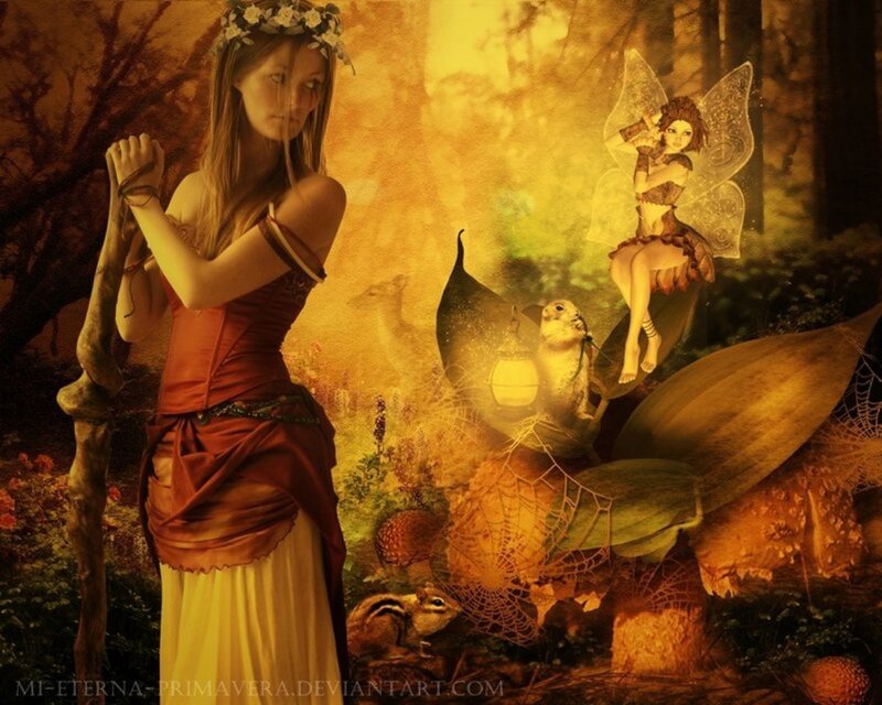 Woman in Forest with Fairies — Gold