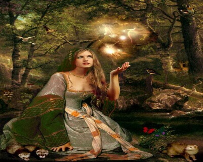 Woman in Forest with Fairies — Green