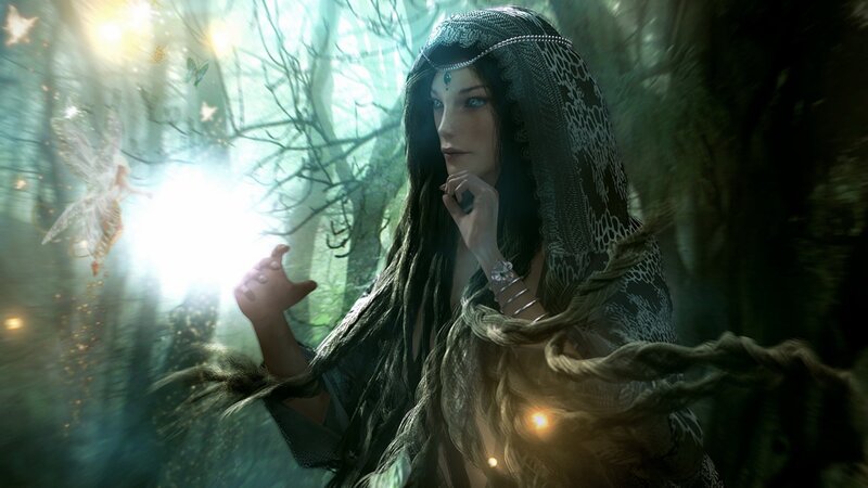 Woman in Forest with Fairy — Green, Mystical