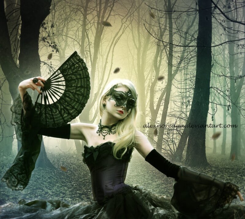 Woman in Forest with Fan — Black