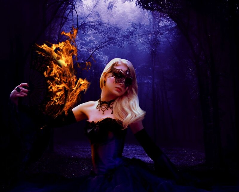 Woman in Forest with Fire — Purple