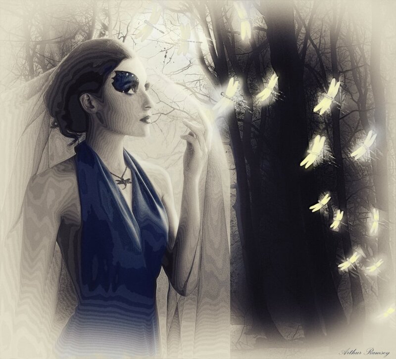 Woman in Forest with Fireflies — Blue