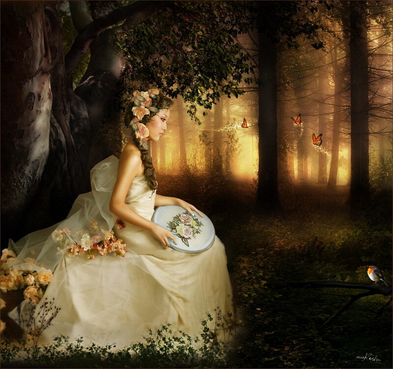 woman in forest with flowers