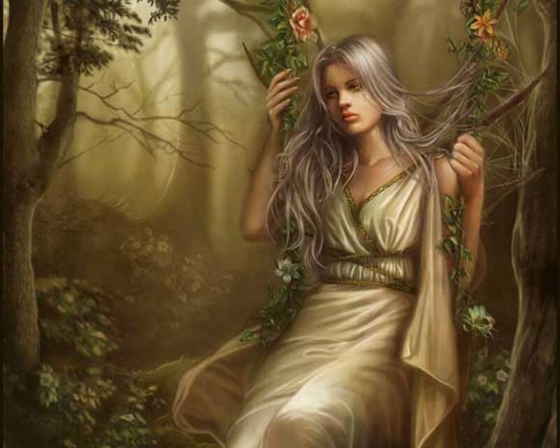 woman in forest with flowers