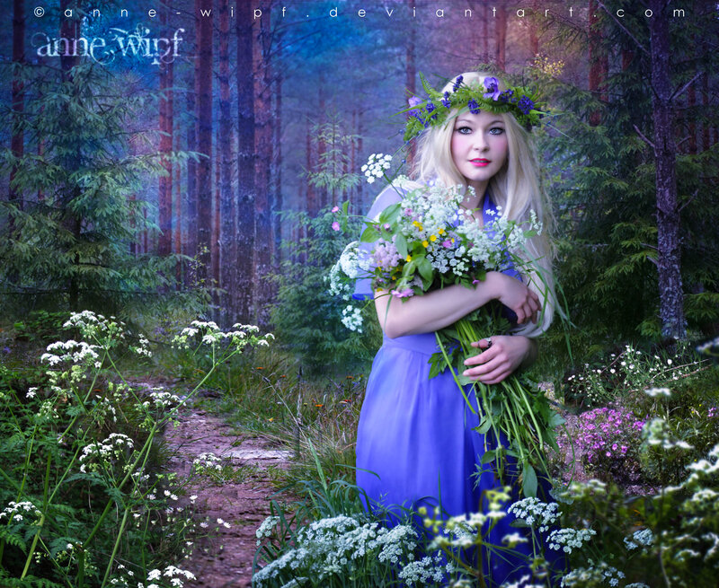 Woman in Forest with Flowers — Blue