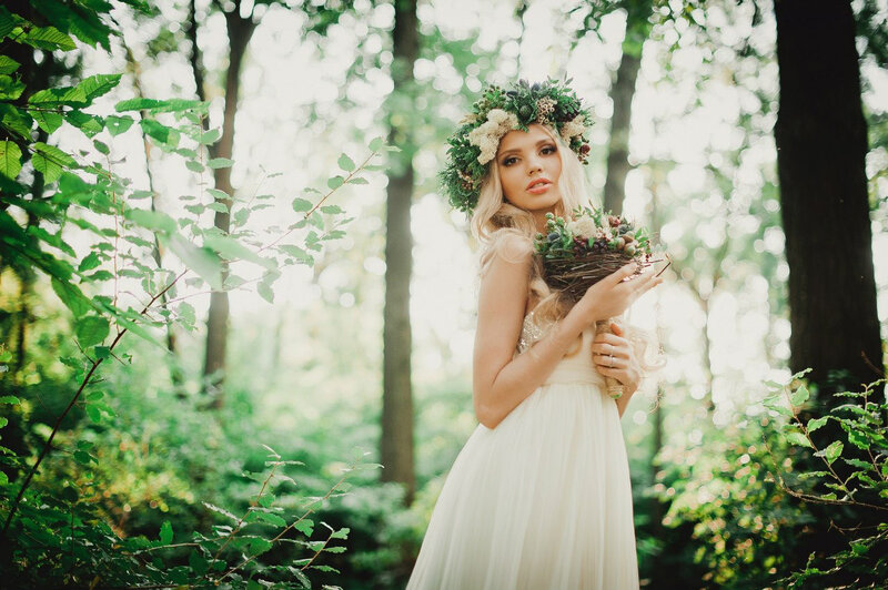 Woman in Forest with Flowers — Green