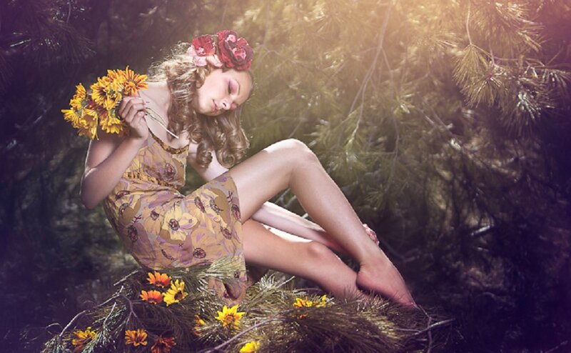 Woman in Forest with Flowers — Yellow