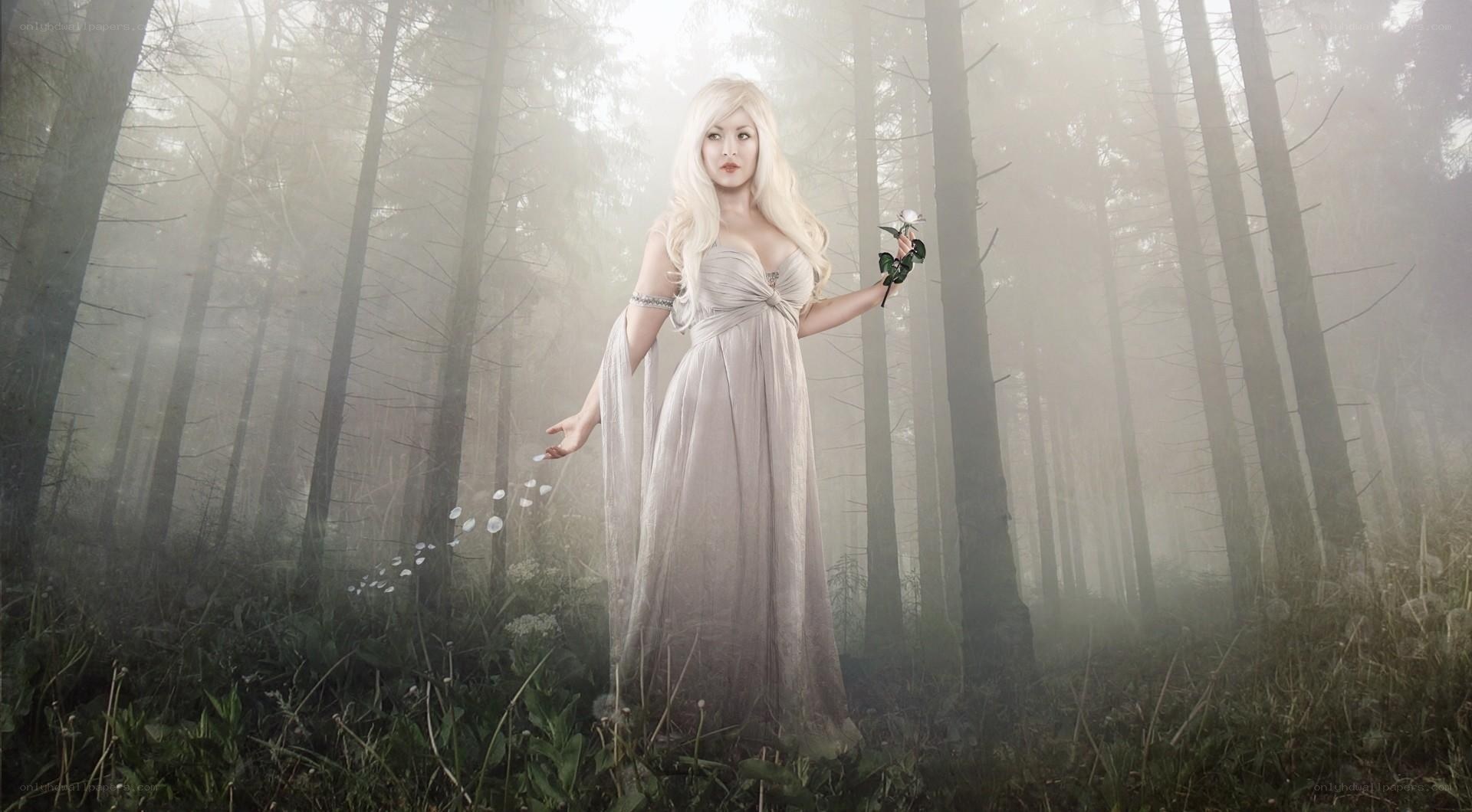 woman in forest with flowers