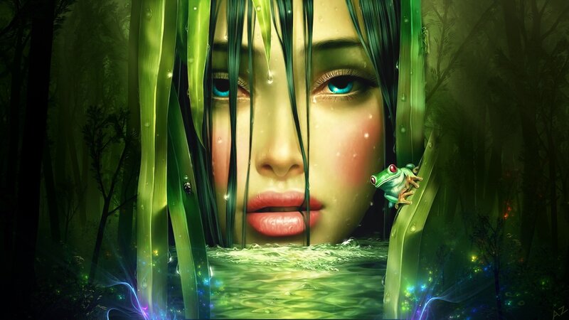 woman in forest with frog