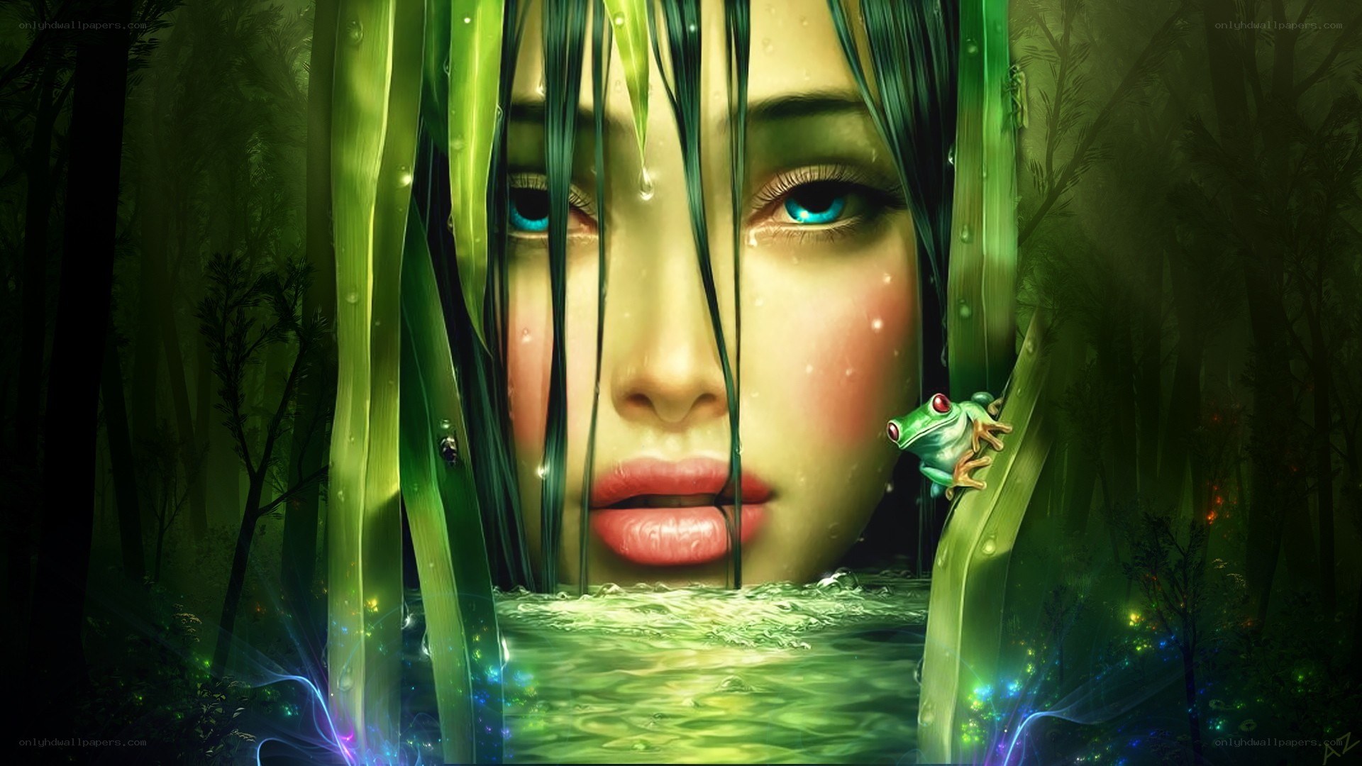 woman in forest with frog