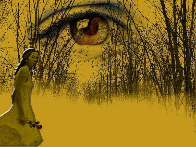 woman in forest with giant eye