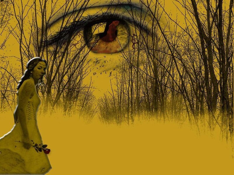 woman in forest with giant eye