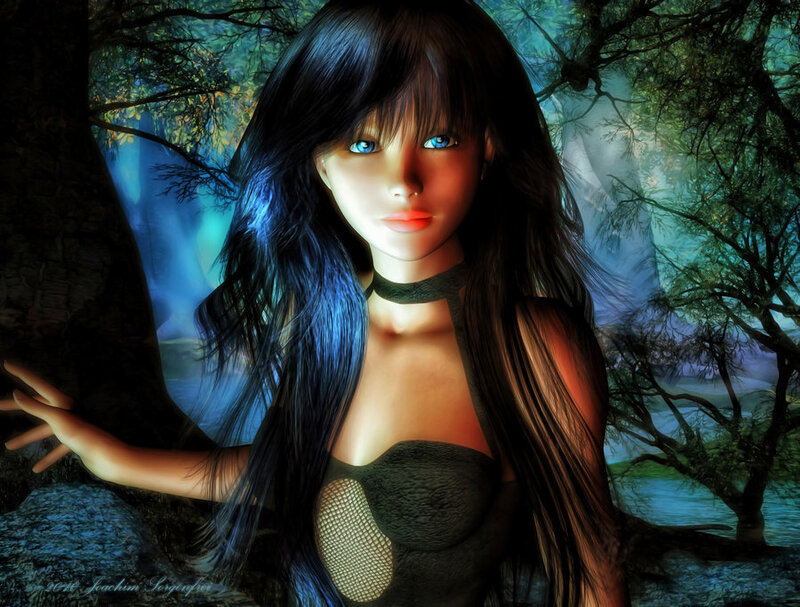 woman in forest with glowing eyes