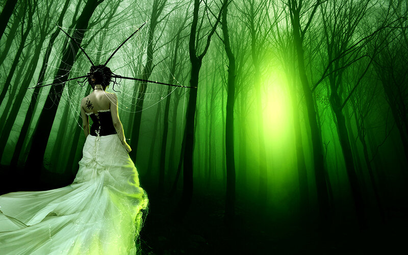 Woman in forest with glowing light