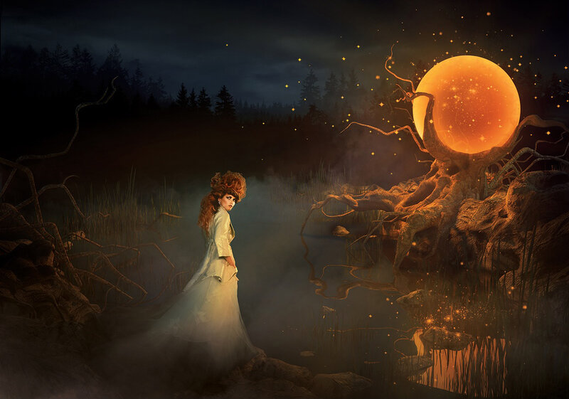 woman in forest with glowing moon