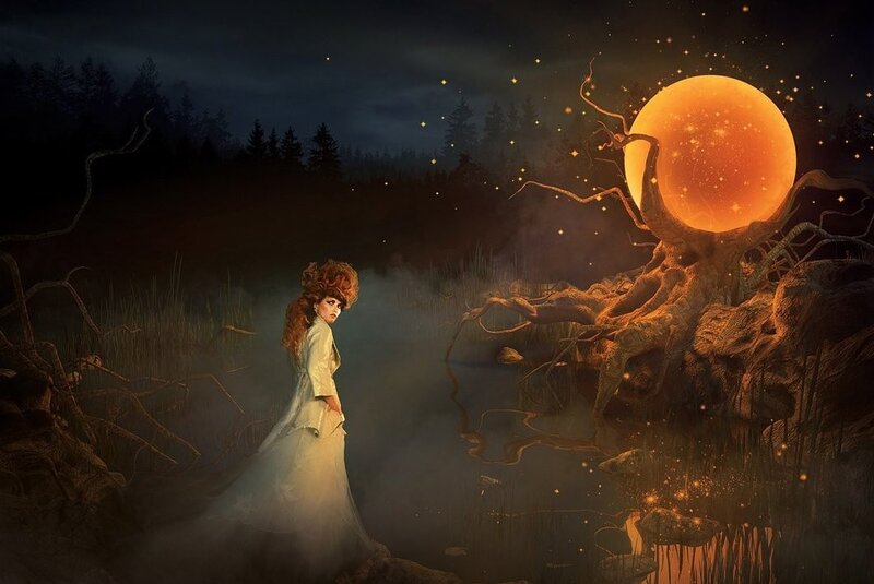 woman in forest with glowing moon