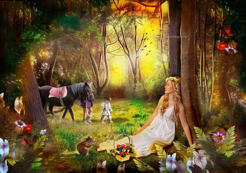 Woman in Forest with Horse — Green