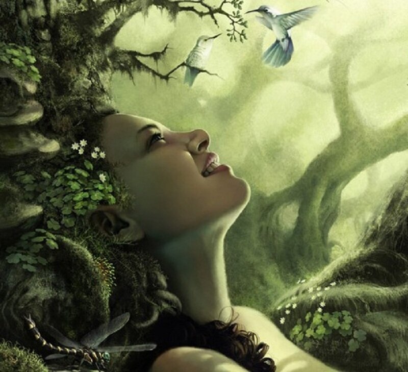 woman in forest with hummingbirds